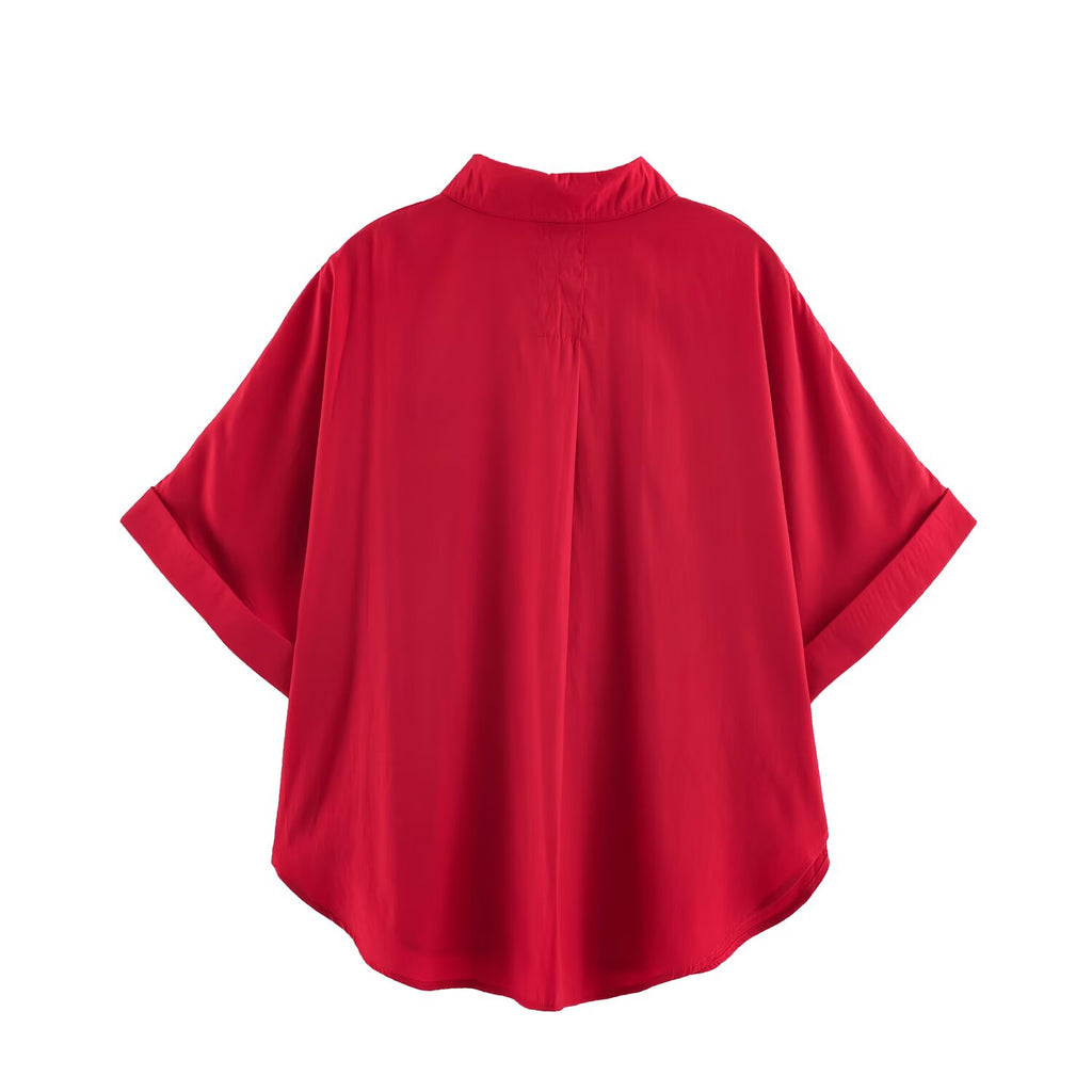 Summer Wind Women Solid Color Drape Short Sleeve Shirt