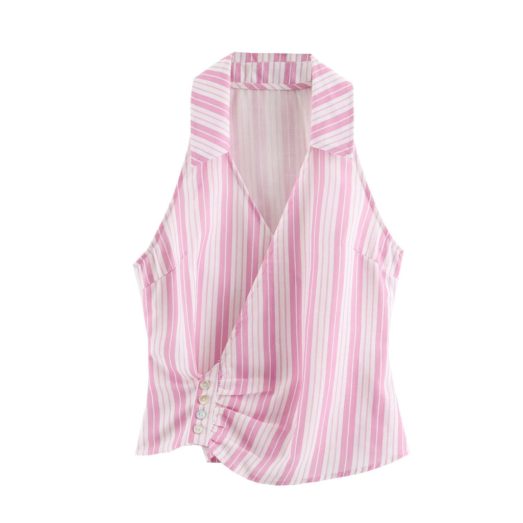 Women Striped Decorated Row Button Double Breasted Top Pants Sets