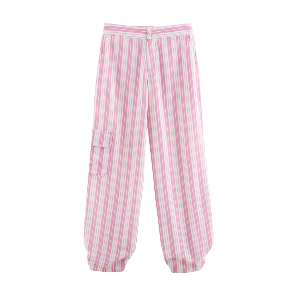 Women Striped Decorated Row Button Double Breasted Top Pants Sets