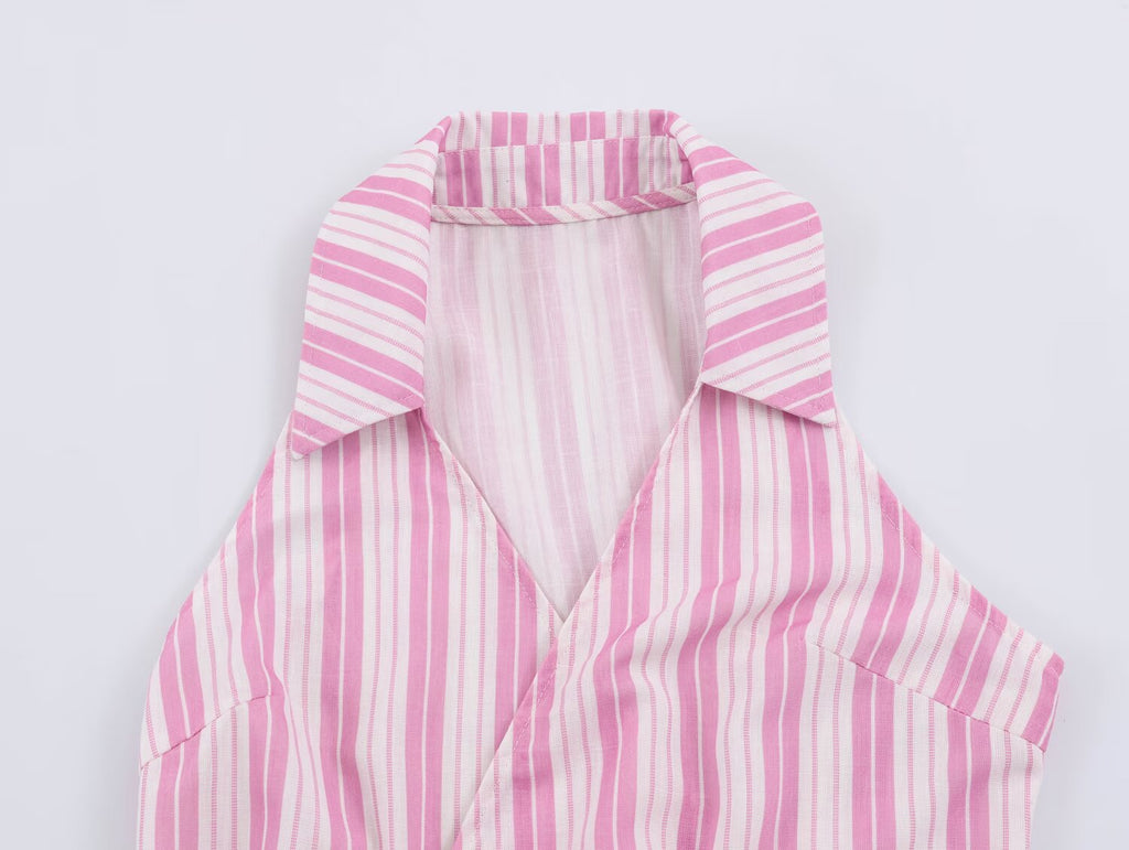 Women Striped Decorated Row Button Double Breasted Top Pants Sets