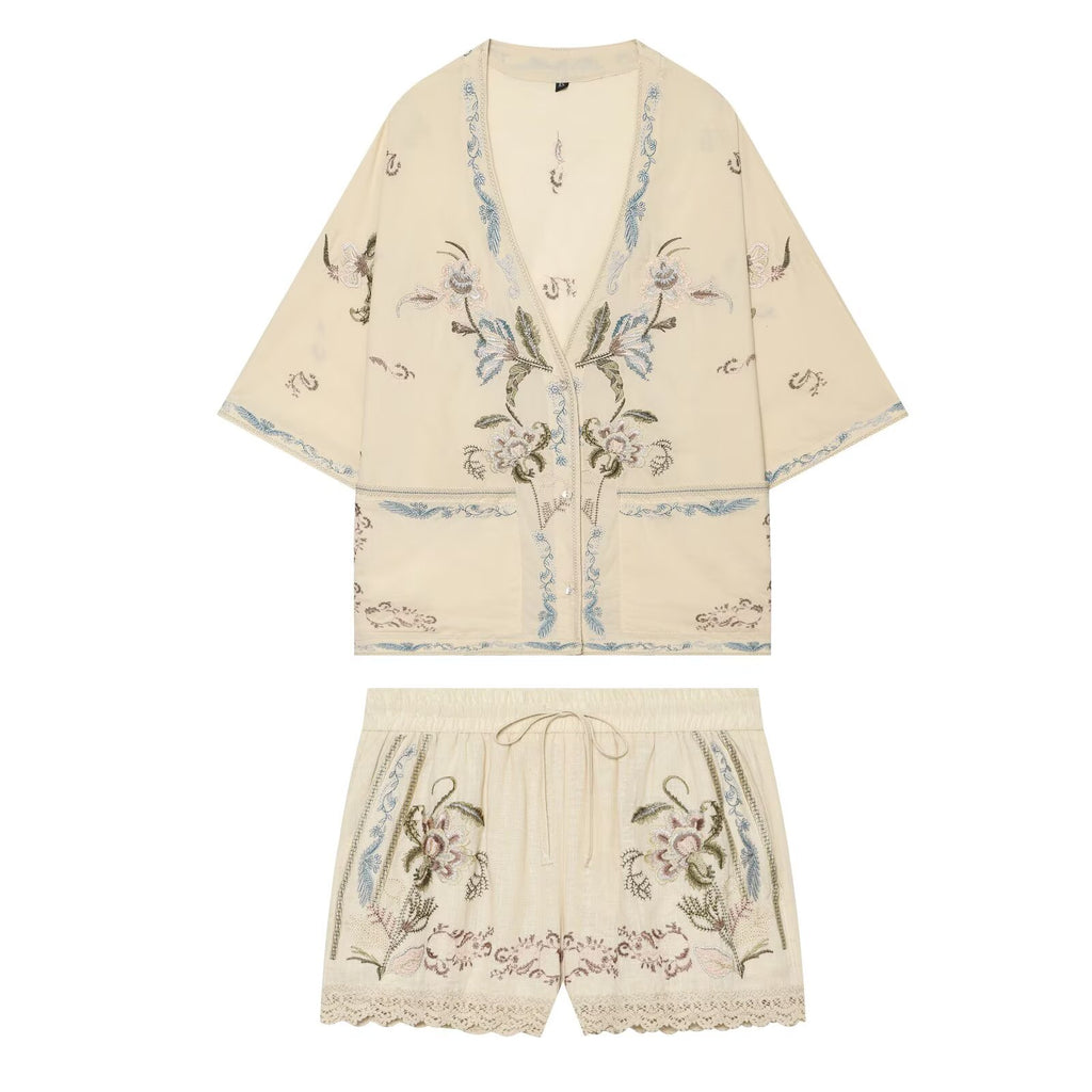 Women Embroidered Shirt Series Embroidered Shorts Sets