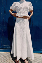 Pleated Hollow Out Cutout Embroidery Top Hollow Out Cutout Embroidery Midi Skirt Sets