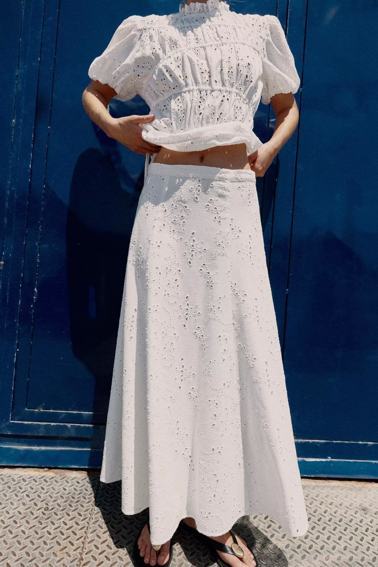 Pleated Hollow Out Cutout Embroidery Top Hollow Out Cutout Embroidery Midi Skirt Sets