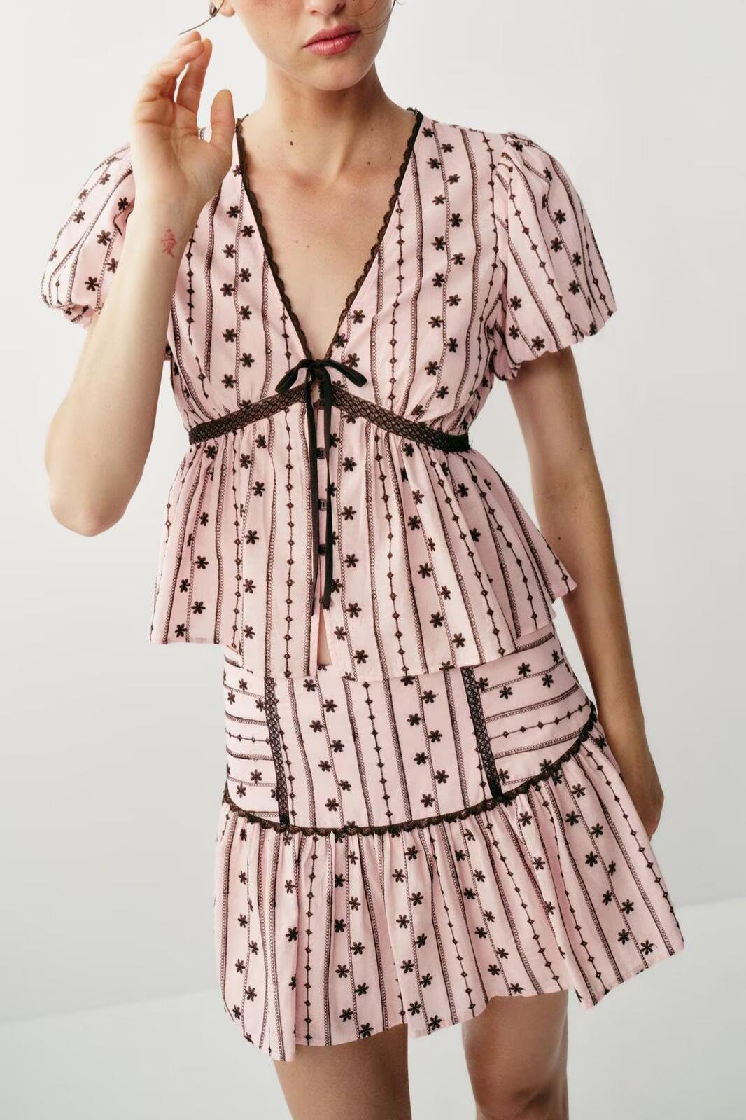 Lace Bow Embroidered Top Embroidered Culottes Set