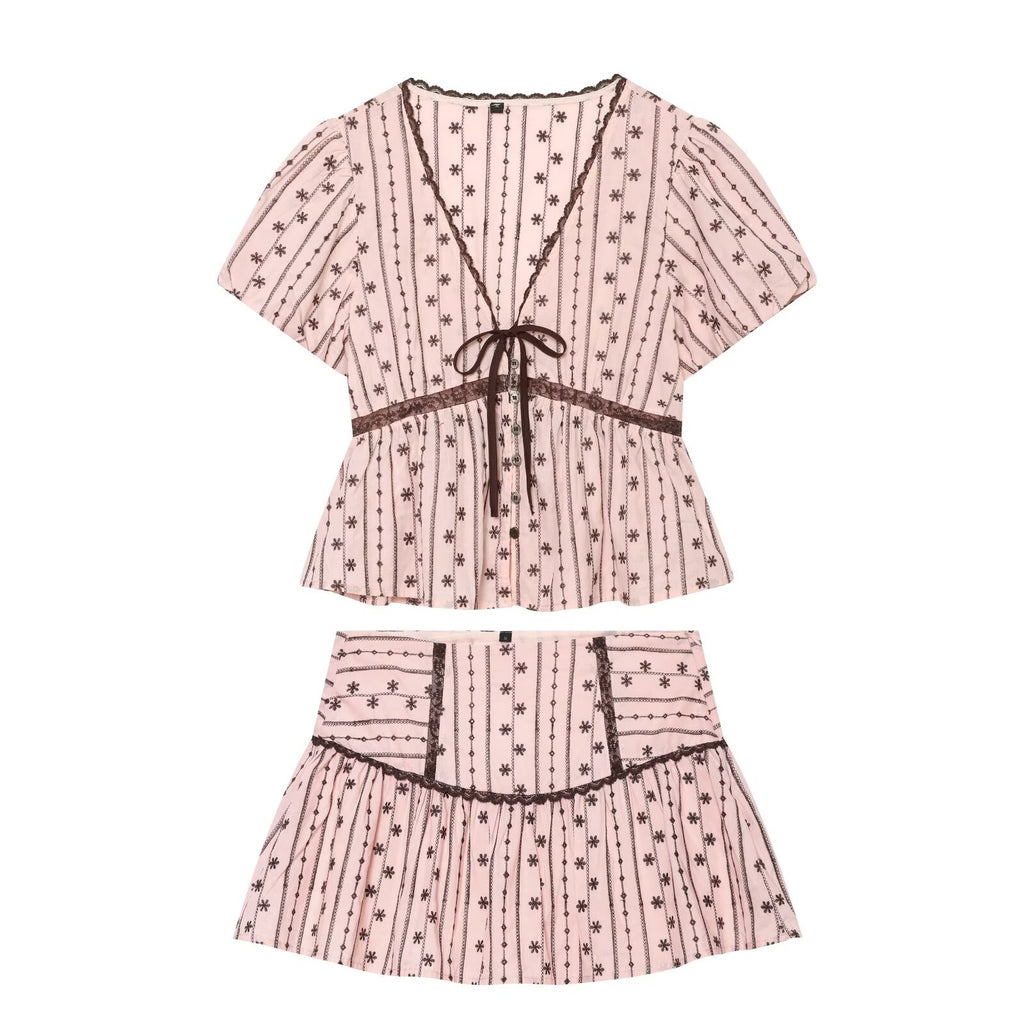 Lace Bow Embroidered Top Embroidered Culottes Set