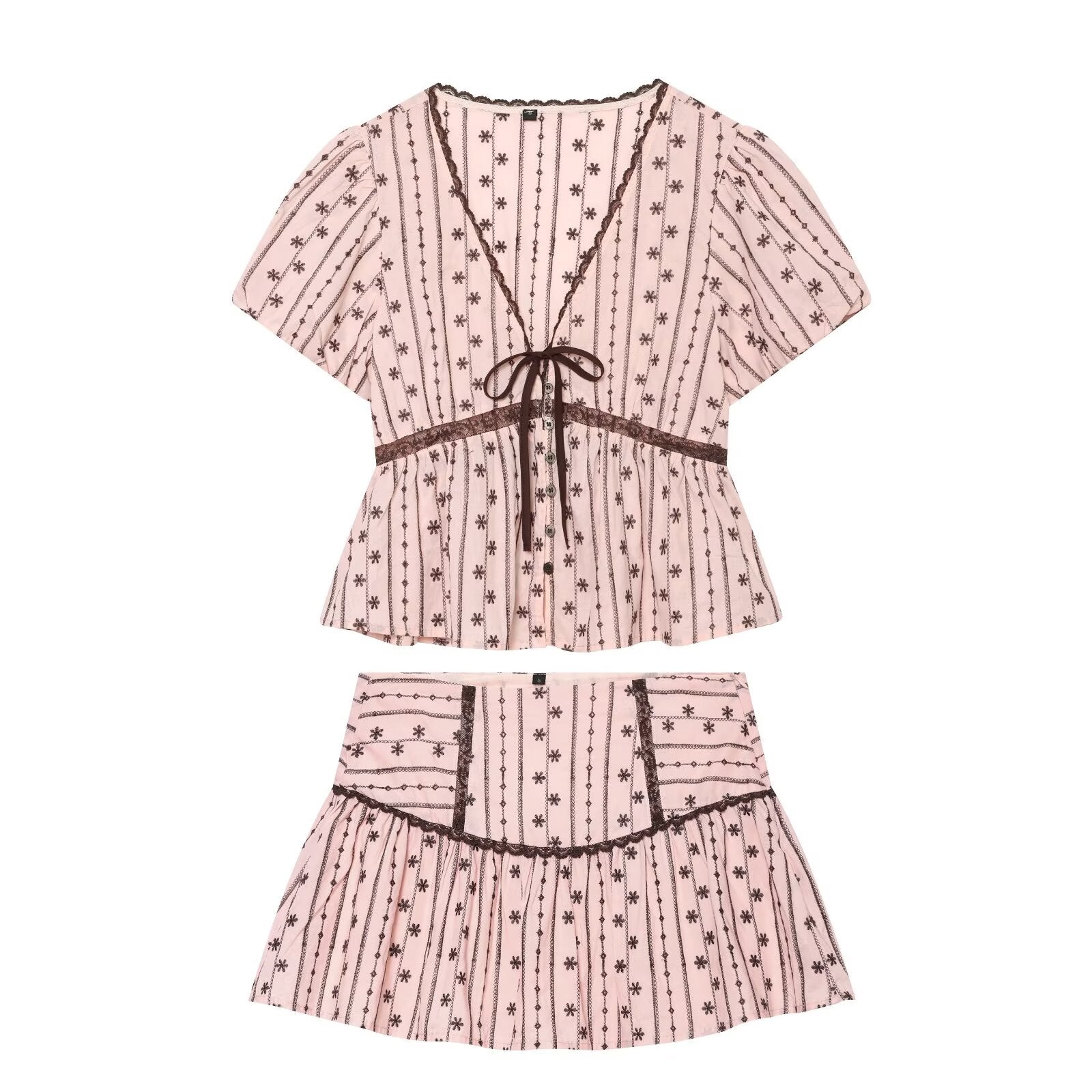 Lace Bow Embroidered Top Embroidered Culottes Set