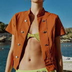 Women Clothing Summer Crew Neck Short Sleeve Decorated Row Button Waist Trimming Shirt