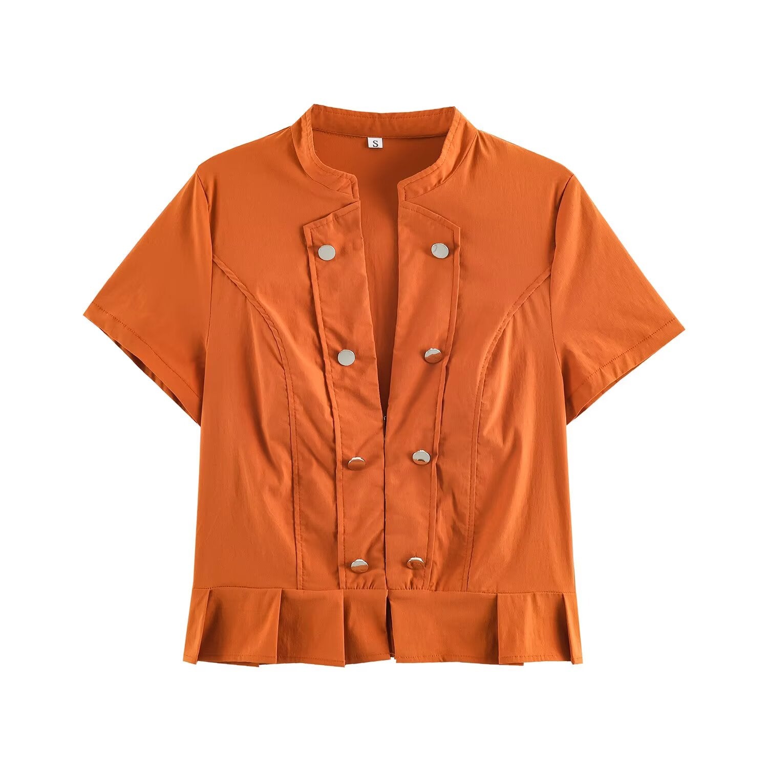 Women Clothing Summer Crew Neck Short Sleeve Decorated Row Button Waist Trimming Shirt