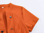 Women Clothing Summer Crew Neck Short Sleeve Decorated Row Button Waist Trimming Shirt