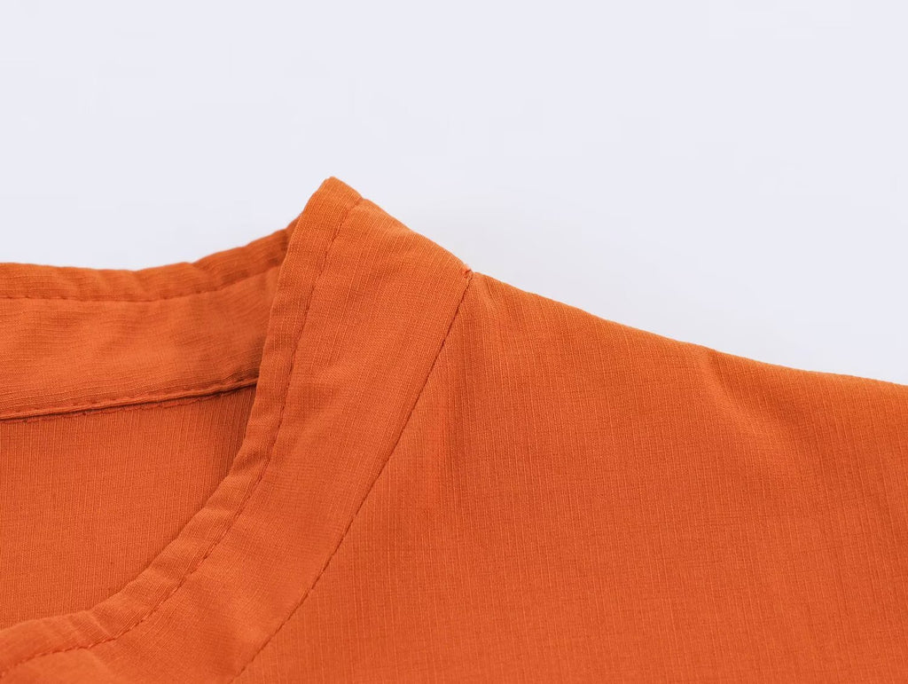 Women Clothing Summer Crew Neck Short Sleeve Decorated Row Button Waist Trimming Shirt
