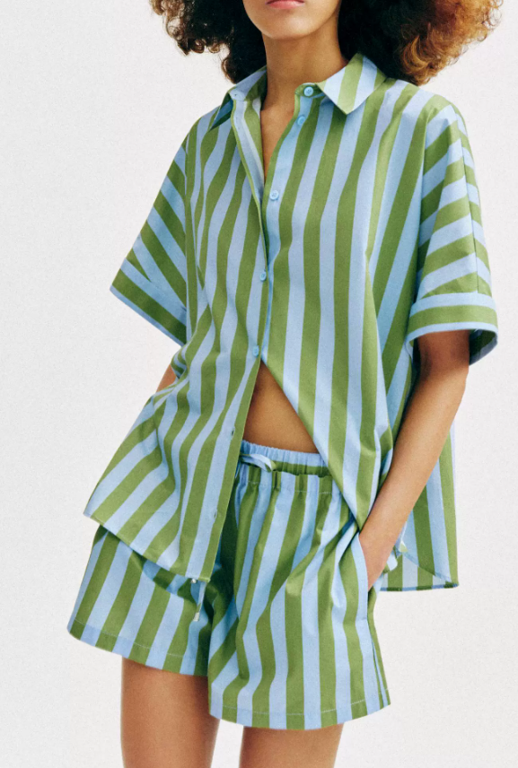 Women Clothing Western Striped Loose Shirt Striped Casual Shorts Sets