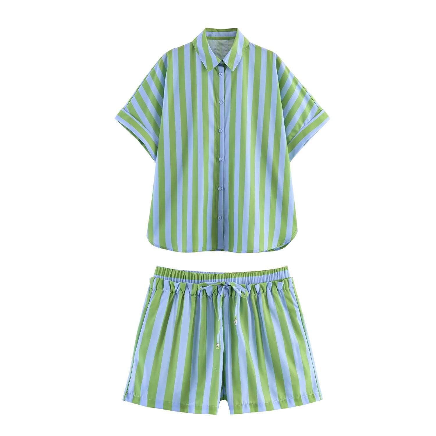 Women Clothing Western Striped Loose Shirt Striped Casual Shorts Sets