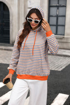 Autumn Winter Striped Contrast Color Hooded Pocket Loose