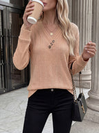 Autumn Winter Solid Color V neck Button Pleated Loose Long