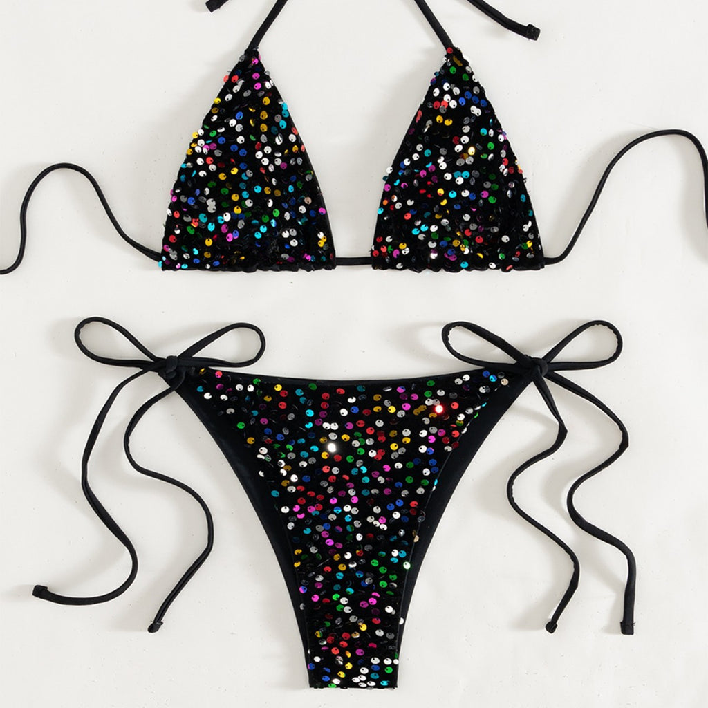 Black sequined lace-up swimwear set with triangle top and string briefs