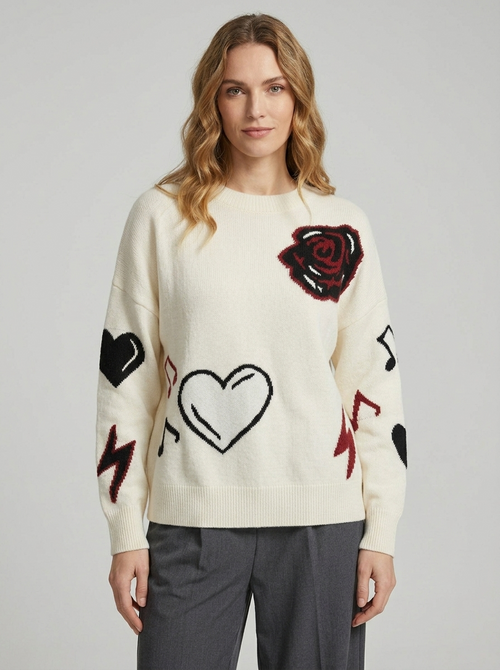 White crew-neck knit sweater with red rose and heart jacquard motifs on sleeves