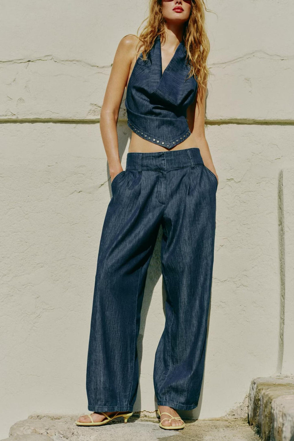 Women Clothing Backless Rivet Ornament Hanging Collar Top Pants Sets