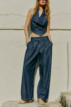 Women Clothing Backless Rivet Ornament Hanging Collar Top Pants Sets