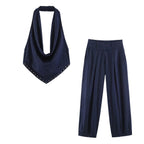 Women Clothing Backless Rivet Ornament Hanging Collar Top Pants Sets