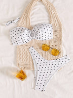 White polka-dot bikini set with strapless underwire bra and high-leg bottoms