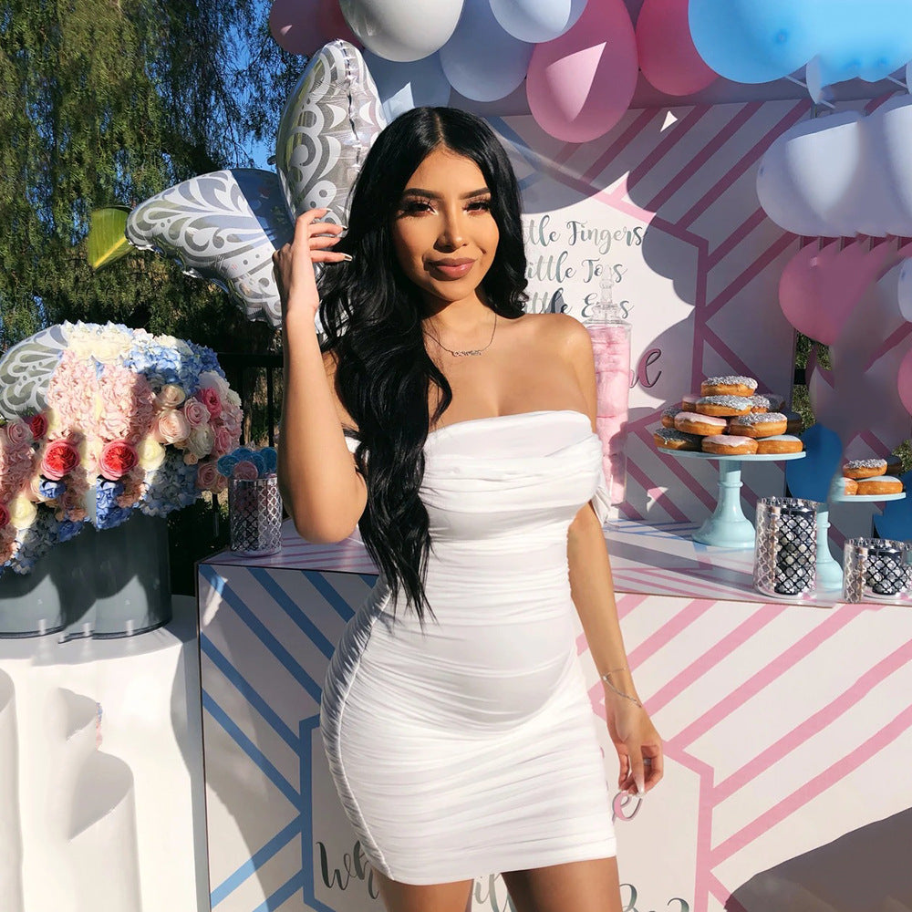 Women's Summer New Sling Off Neck Mesh Sexy Nightclub Sheath Dress