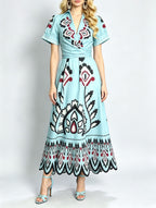 Women Summer Printed V Neck Short Sleeved Fitted HWed A
