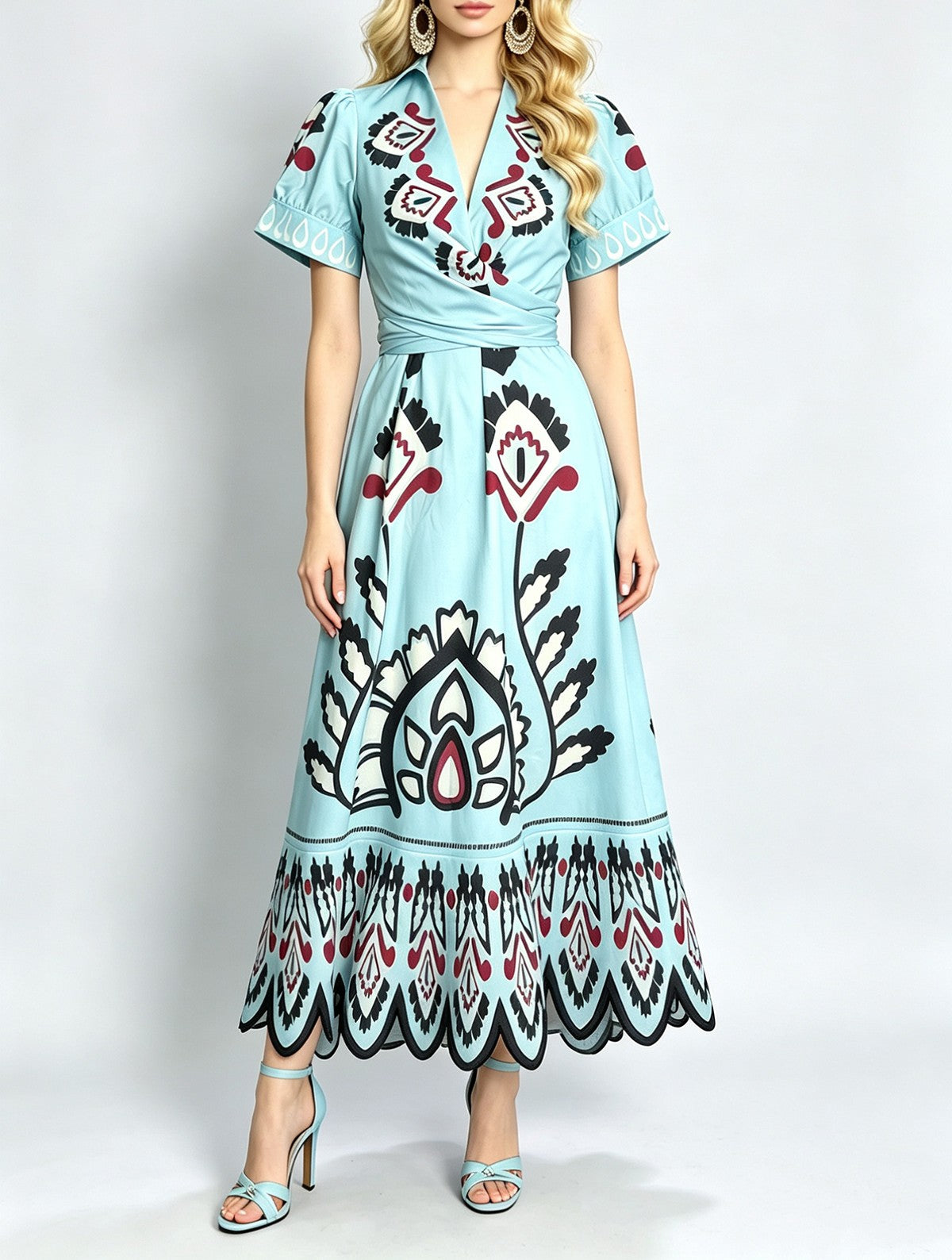 Women Summer Printed V Neck Short Sleeved Fitted HWed A