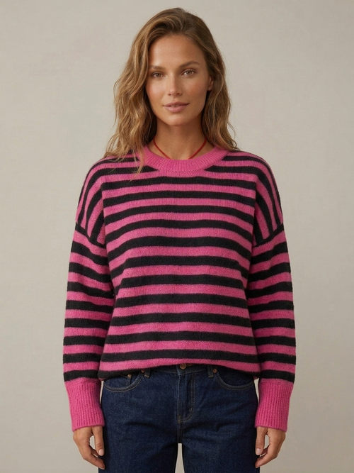 Women’s striped crewneck sweater in magenta with dark navy/black bands, ribbed cuffs