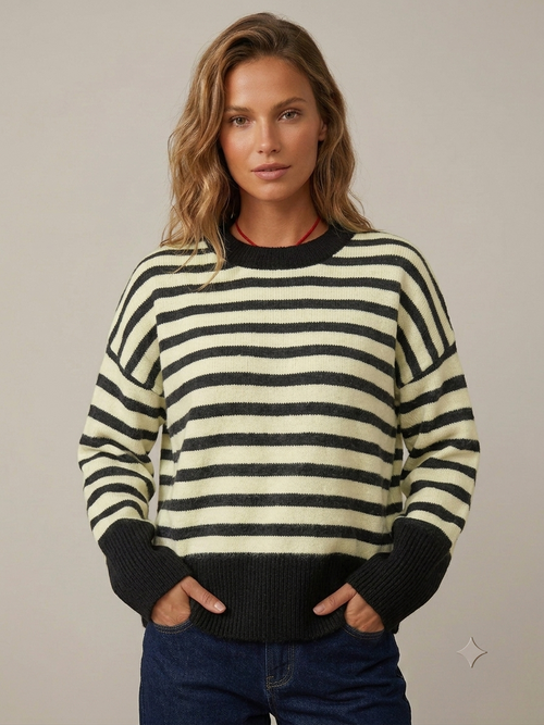 Women’s striped crewneck sweater with cream-and-black horizontal bands, ribbed collar and cuffs