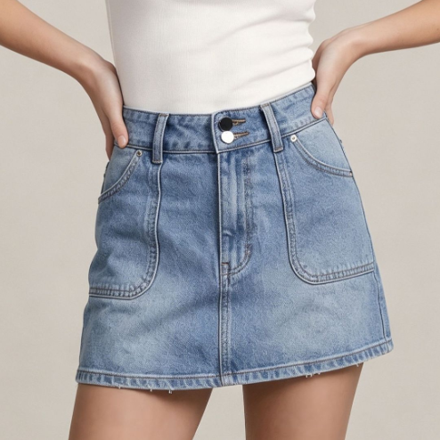 Summer Double Buckle Light Blue Pocket Women Denim Skirt