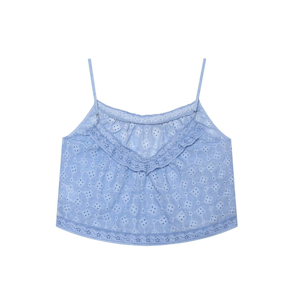 Women Clothing Hollow Out CO Embroidery Top Washing Effect