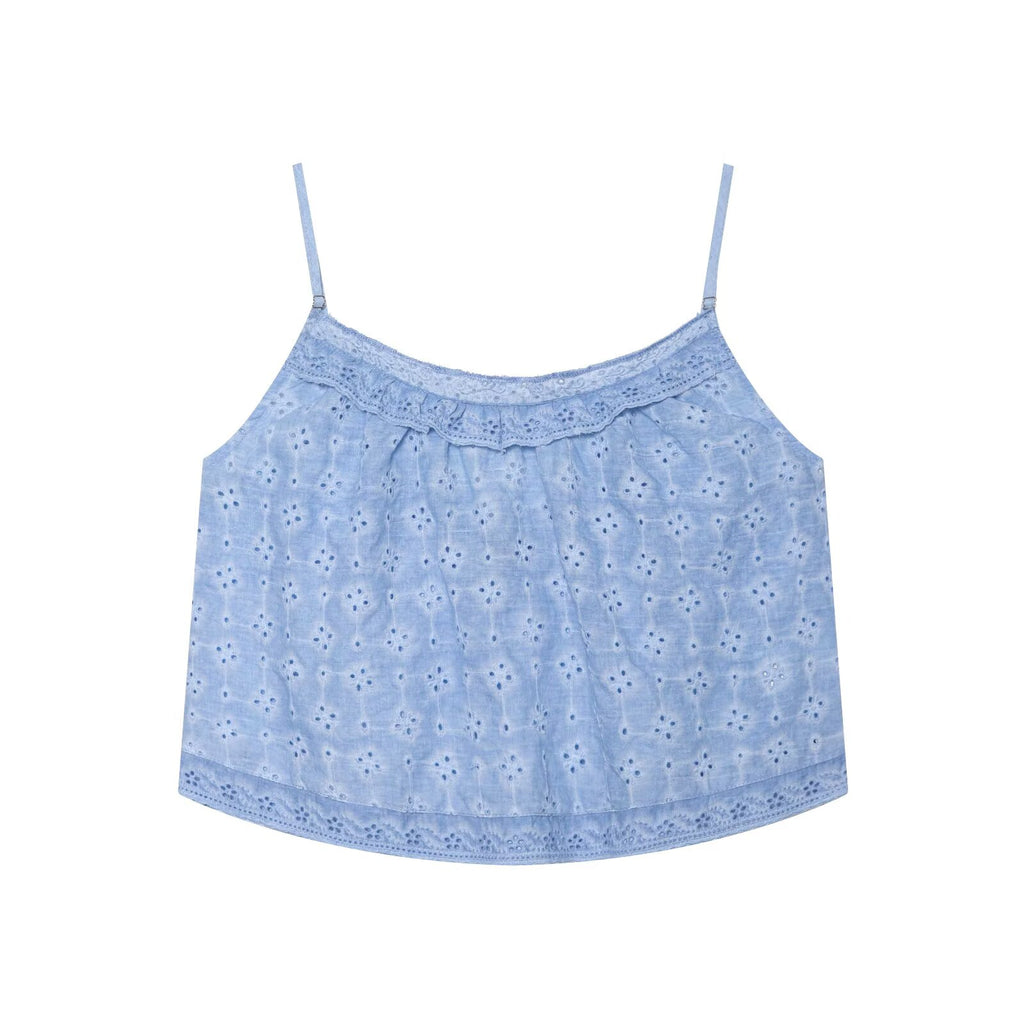 Women Clothing Hollow Out CO Embroidery Top Washing Effect