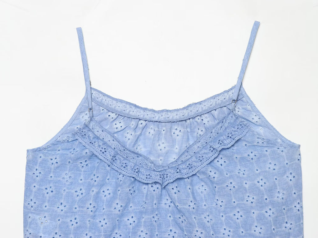 Women Clothing Hollow Out CO Embroidery Top Washing Effect