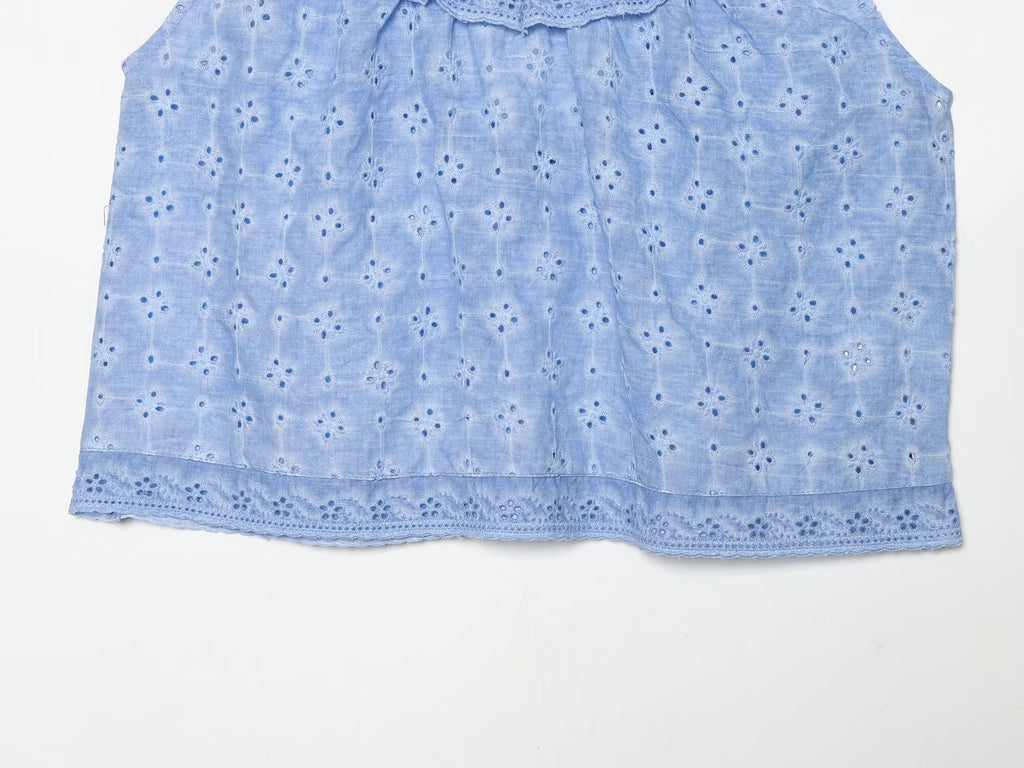 Women Clothing Hollow Out CO Embroidery Top Washing Effect