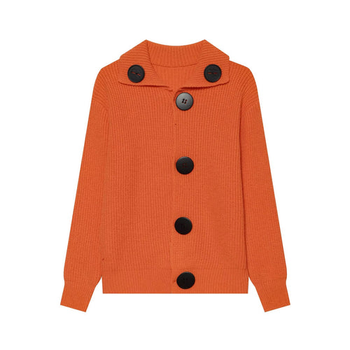 Orange long-sleeve knit sweater with wide collared neckline and large black buttons