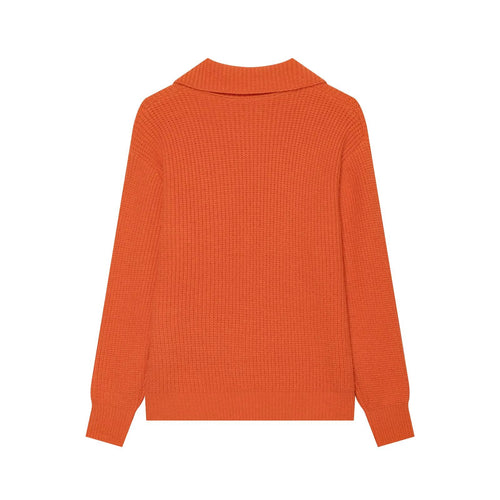 Orange long-sleeve knit sweater, plain back view with ribbed cuffs and hem