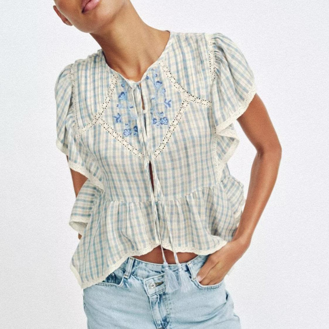 Women Clothing Short Sleeve round Neck Plaid Embroidered