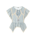 Women Clothing Short Sleeve round Neck Plaid Embroidered