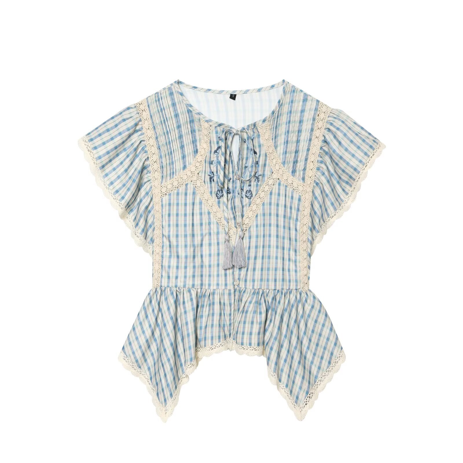 Women Clothing Short Sleeve round Neck Plaid Embroidered