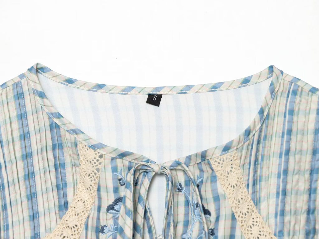 Women Clothing Short Sleeve round Neck Plaid Embroidered