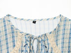 Women Clothing Short Sleeve round Neck Plaid Embroidered