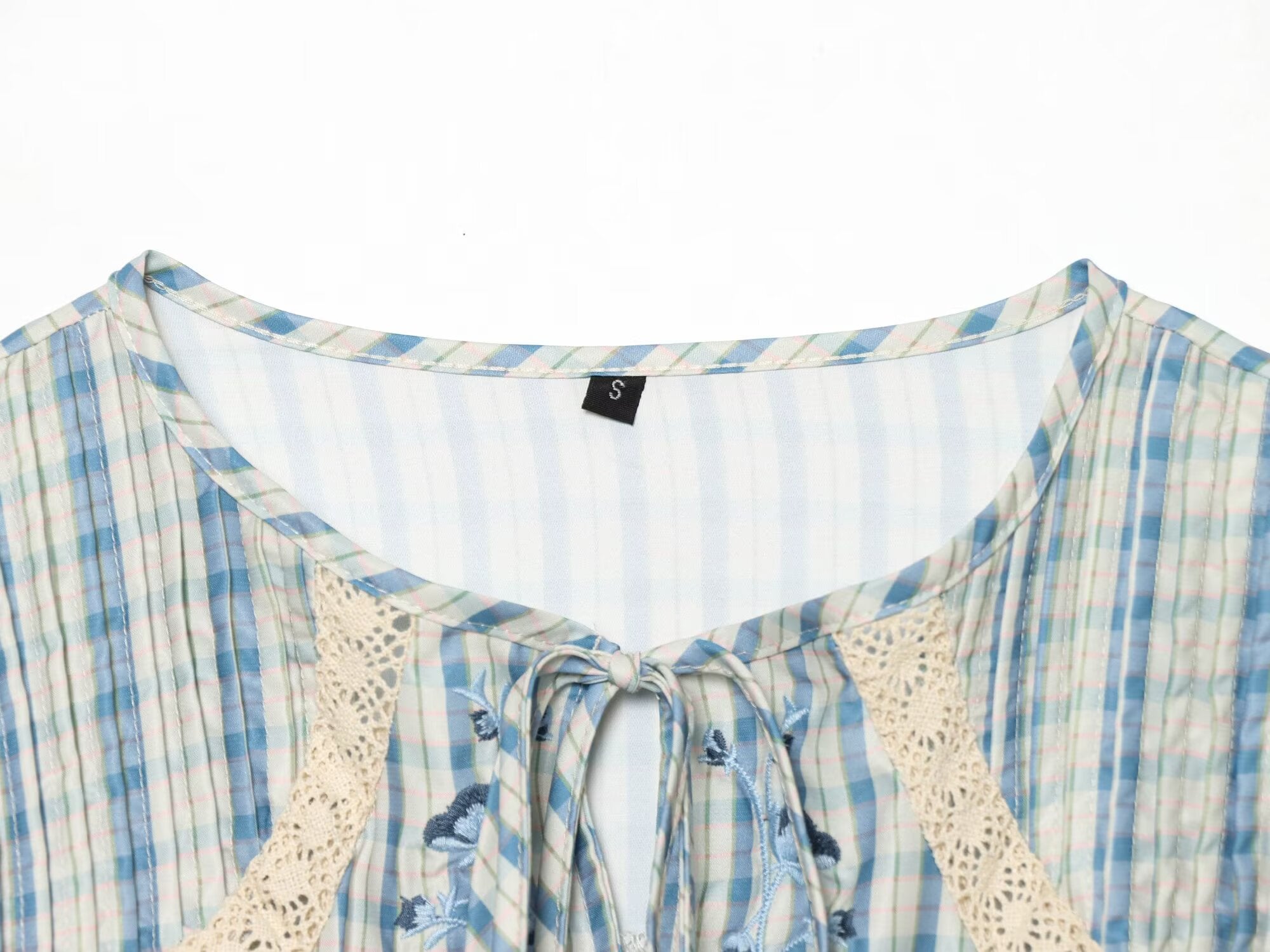 Women Clothing Short Sleeve round Neck Plaid Embroidered