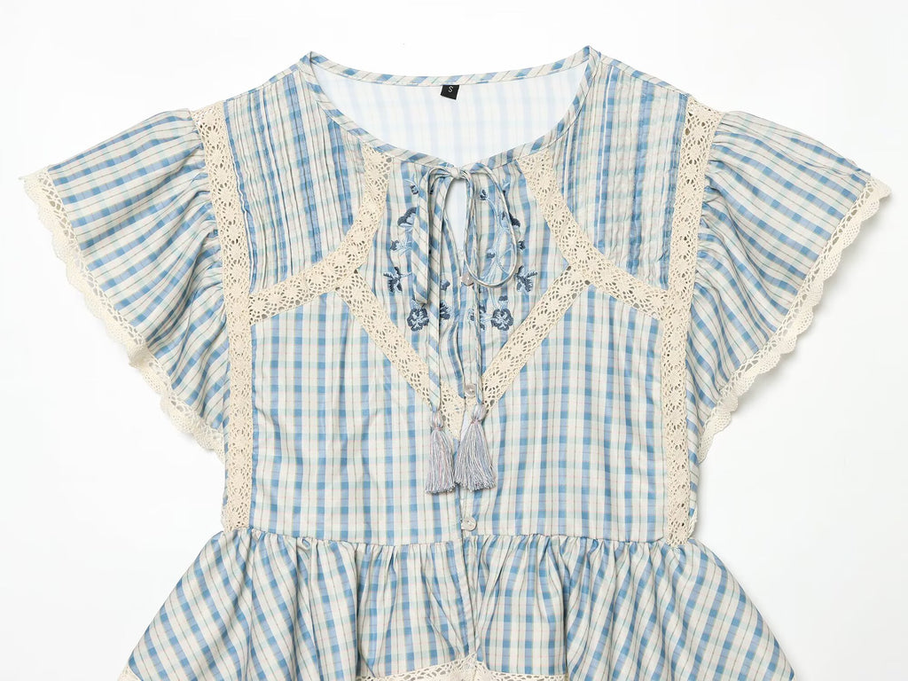 Women Clothing Short Sleeve round Neck Plaid Embroidered