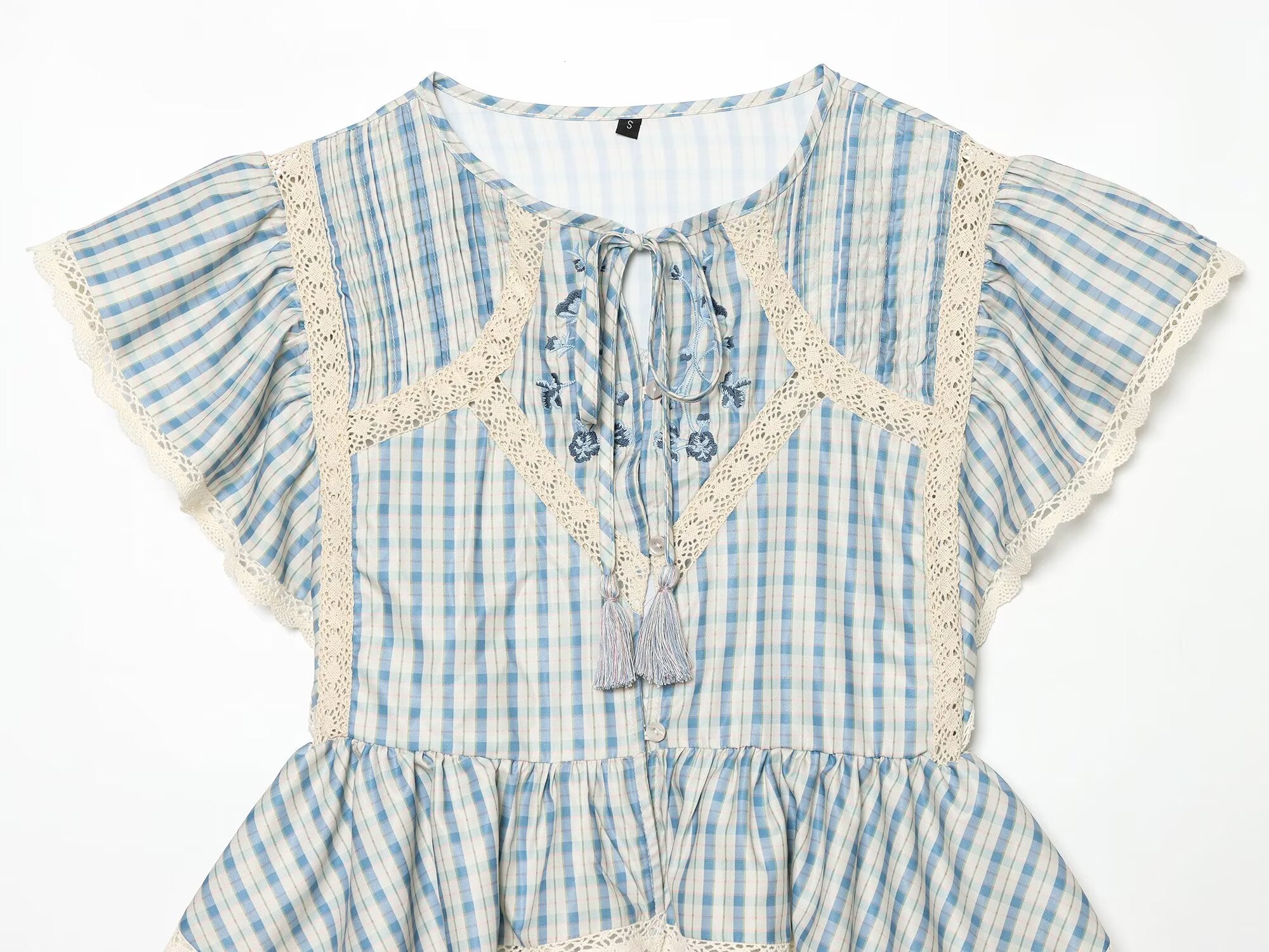 Women Clothing Short Sleeve round Neck Plaid Embroidered
