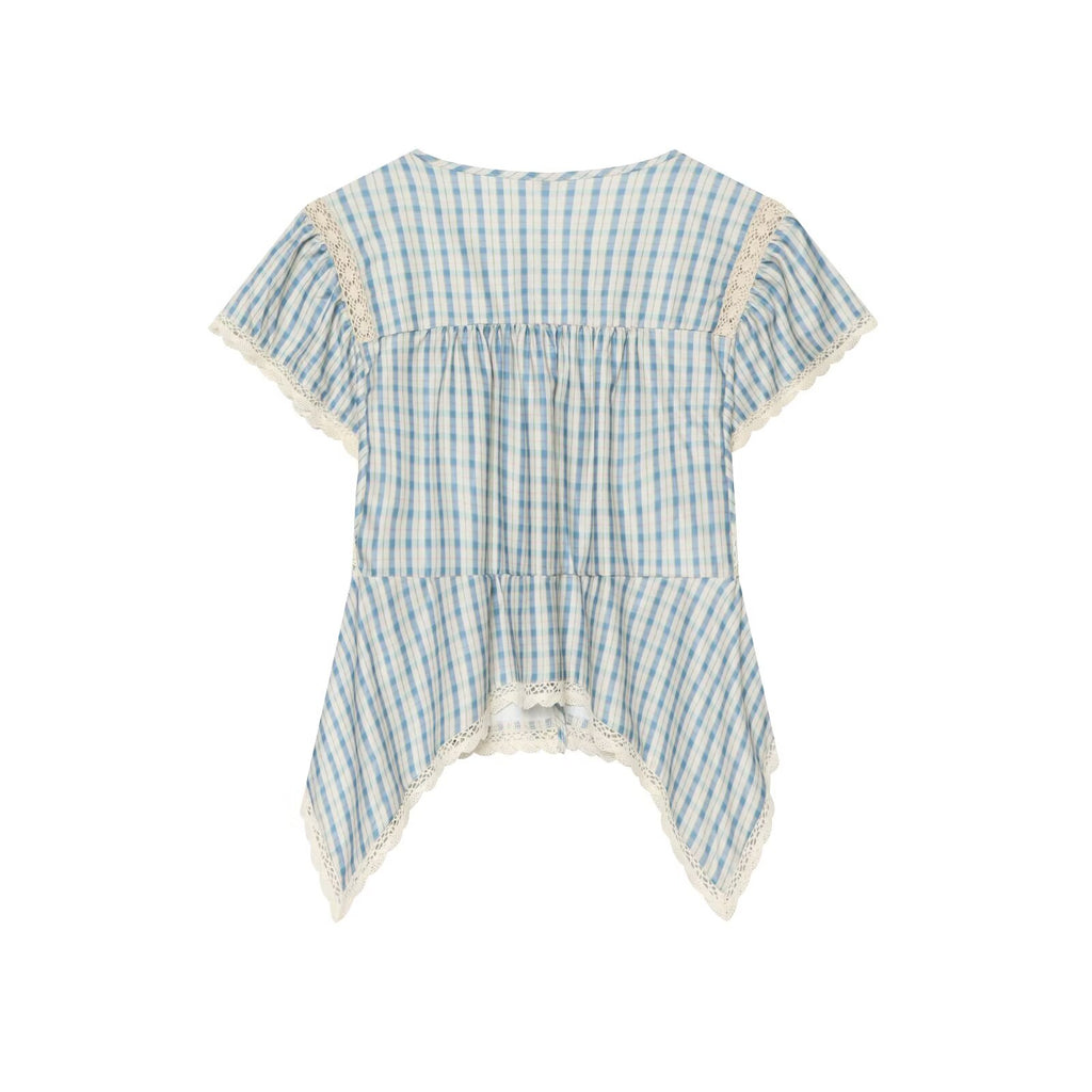 Women Clothing Short Sleeve round Neck Plaid Embroidered