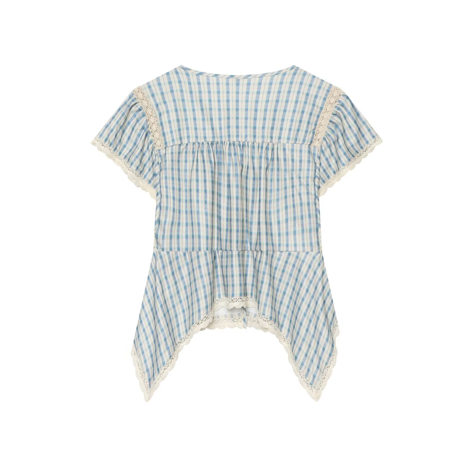 Women Clothing Short Sleeve round Neck Plaid Embroidered