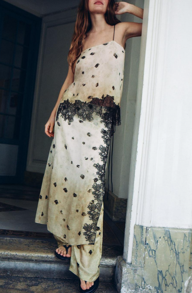 Women Clothing Satin Printed Lace Top Satin Printed Lace Culottes