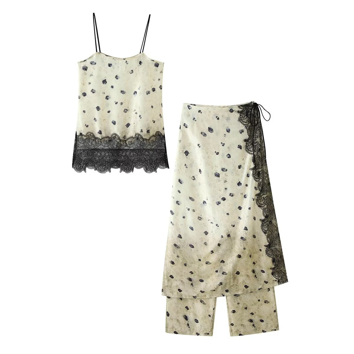 Women Clothing Satin Printed Lace Top Satin Printed Lace Culottes