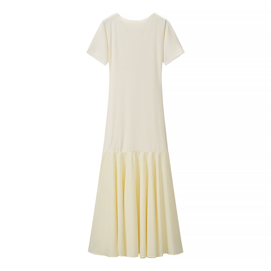 Light yellow women’s summer dress, crew neck and gathered tiered skirt