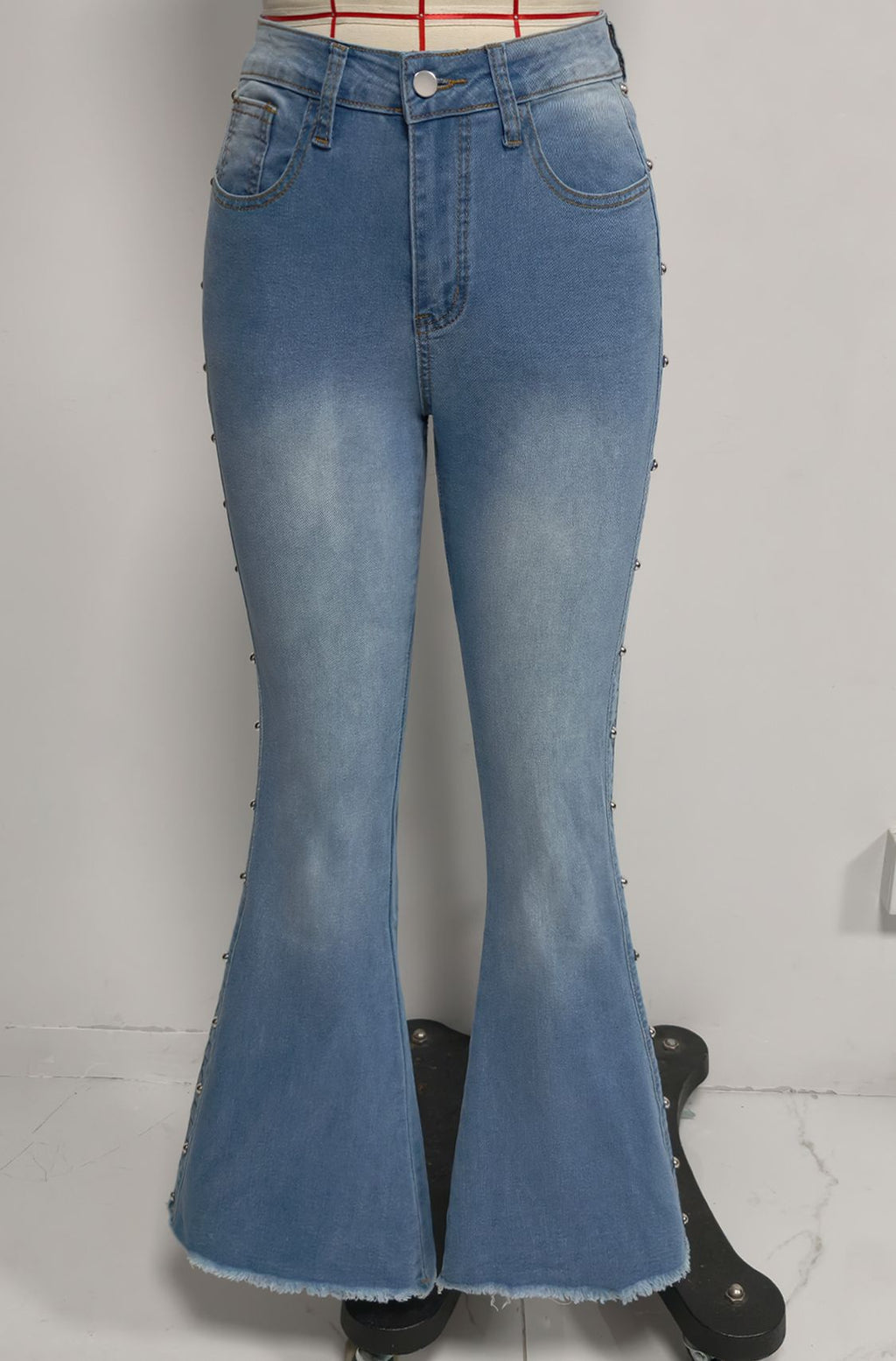 Summer Side Rivet Skinny Jeans Women High Waist Wash Frayed Flared Pants Slimming Stretch Trousers